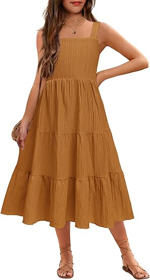Amazon.com: Arshiner Girls Summer Dress Boho Spaghetti Strap Square Neck Solid A Line Beach Long ... | Amazon (US)
