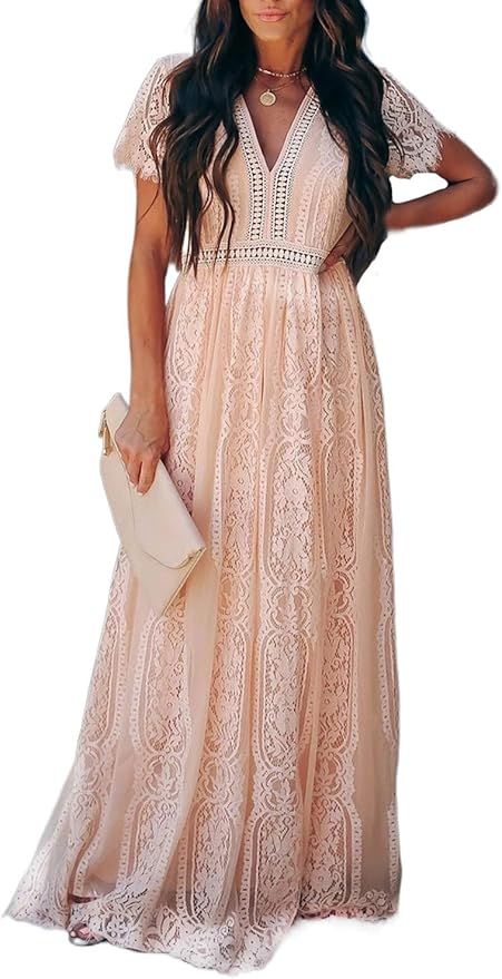 AZOKOE Women Deep V Neck Short Sleeve Floral Lace Bridesmaid Maxi Dress Cocktail Party Evening Go... | Amazon (US)