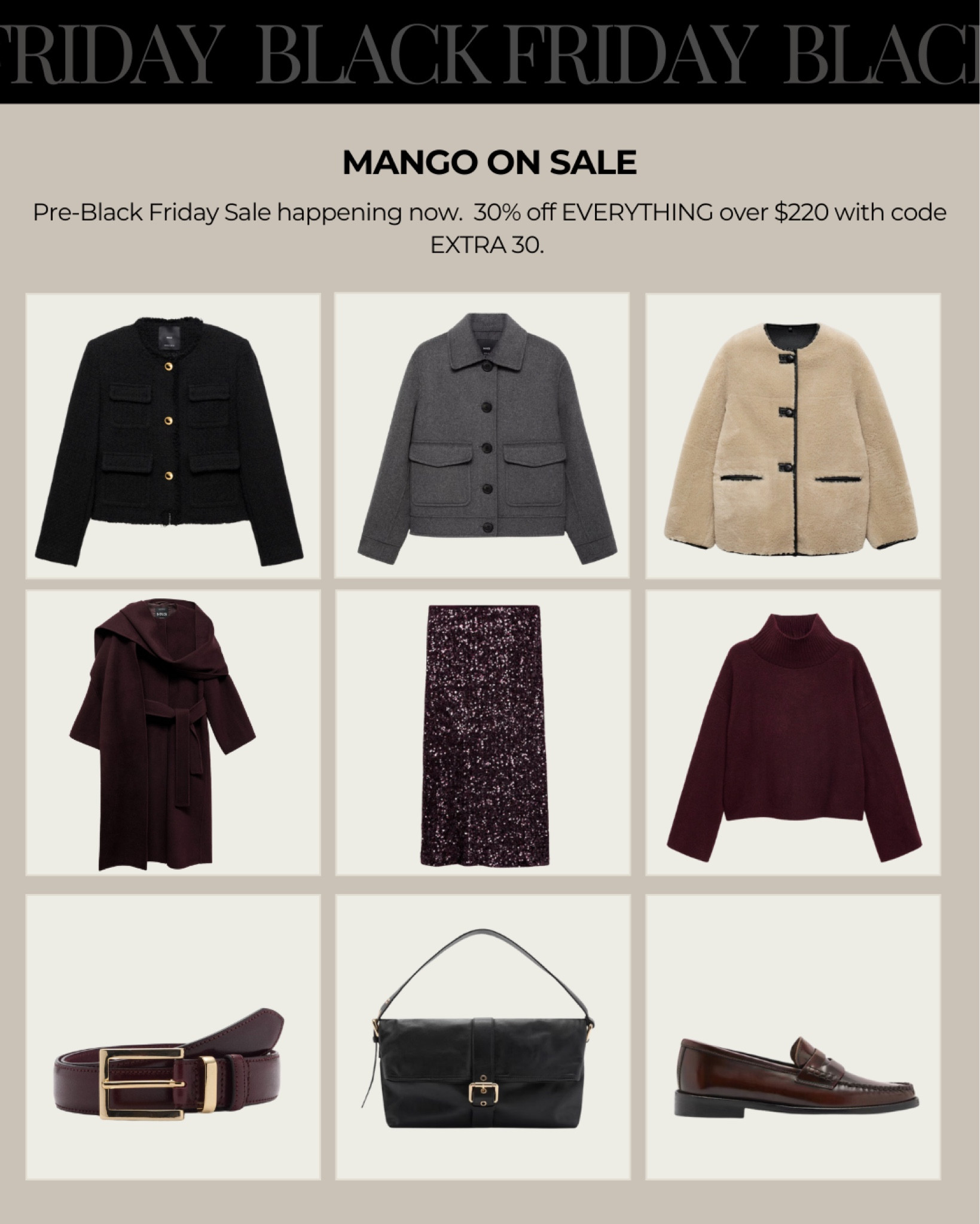 Mango Pieces on Sale! 
30% off Everything when you spend $220 or more plus free shipping. 
Use code: EXTRA30

#LTKSeasonal #LTKSaleAlert