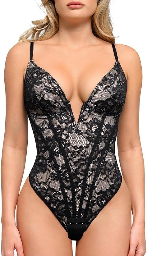 Popilush The Shapewear Bodysuit for Women - Deep V Neck Sleeveless Lace Corset Bodysuit Tummy Con... | Amazon (US)