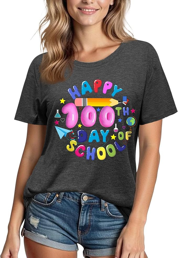 100 Days of School Shirt for Women:Crew Neck Short Sleeve Teacher Higher Quality T-Shirt | Amazon (US)