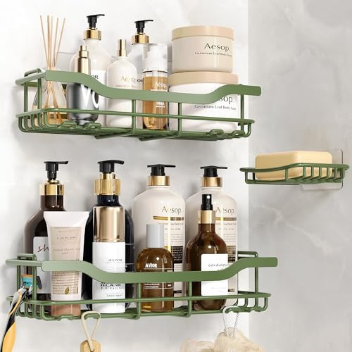 OMAIRA 3-Pack Shower Caddy with Soap Holder, Adhesive Rustproof No-drill Strudy Loading Inside Shower Organizer Shelves Rack Storage Bathroom Organization for Smooth Wall Glass Tile, Green (X-Large) | Amazon (US)