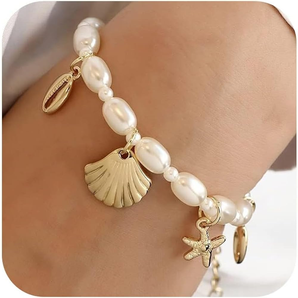 Shell Ankle Bracelet Set for Women, Gold Boho Bead Adjustable Anklet, Hawaiian Beach Seashell Pea... | Amazon (US)