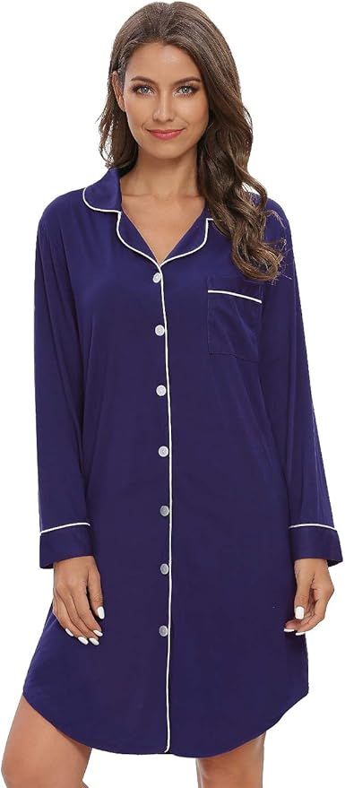 Cosy Pyro Nightgowns for Women Pajama Sleepdress Long Sleeve Button Down Boyfriend Nightshirts | Amazon (US)