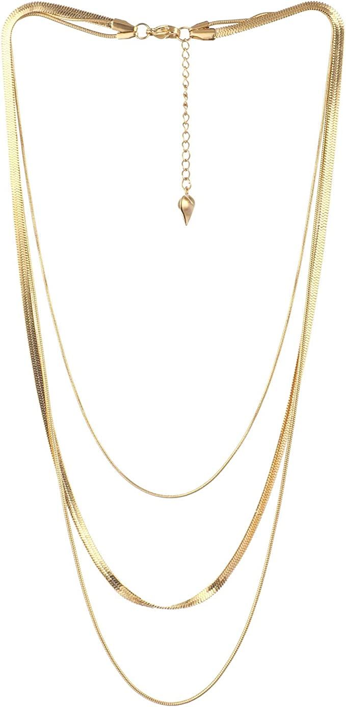 Léwind Herringbone Chain Layered Necklace, 18K Gold/Silver Plated Snake Chain Long Choker Neckla... | Amazon (US)