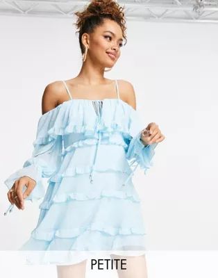 Ever New Petite off-shoulder ruffle mini dress with tiered sleeves in baby blue | ASOS | ASOS (Global)