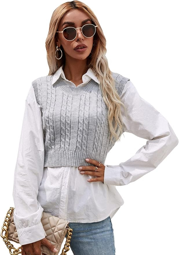 Milumia Women's Casual Cable Knit Sweater Vest Sleeveless Round Neck Crop Tank Top | Amazon (US)