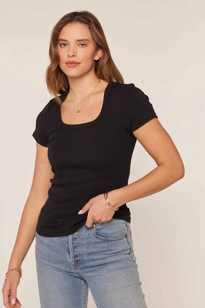 Black Ribbed Square Neck T-Shirt | PinkBlush Maternity