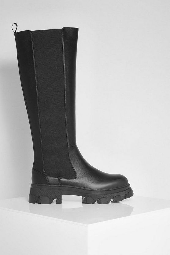 Chunky Cleated Sole Knee High Chelsea Boots | Boohoo.com (US & CA)
