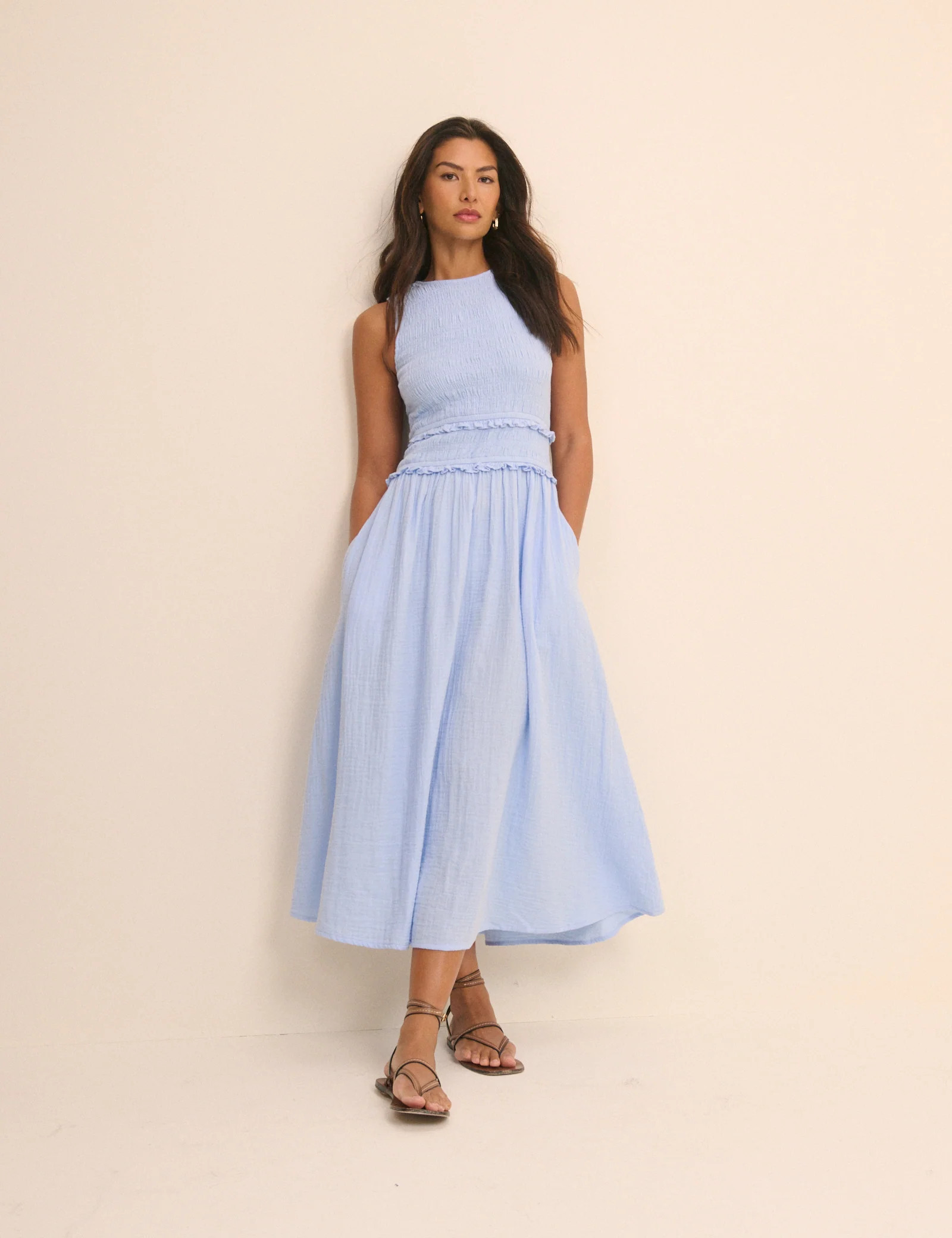 Baby Blue Shirred Bodice Ingrid Midi Dress | Nobody's Child