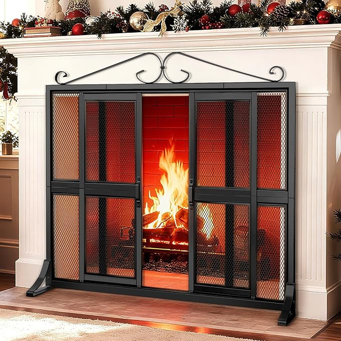 Fireplace Screen with Sliding Doors, 37.8" L x 30.7" W Hand-Forged Iron Fire Place Screens Stand ... | Amazon (US)