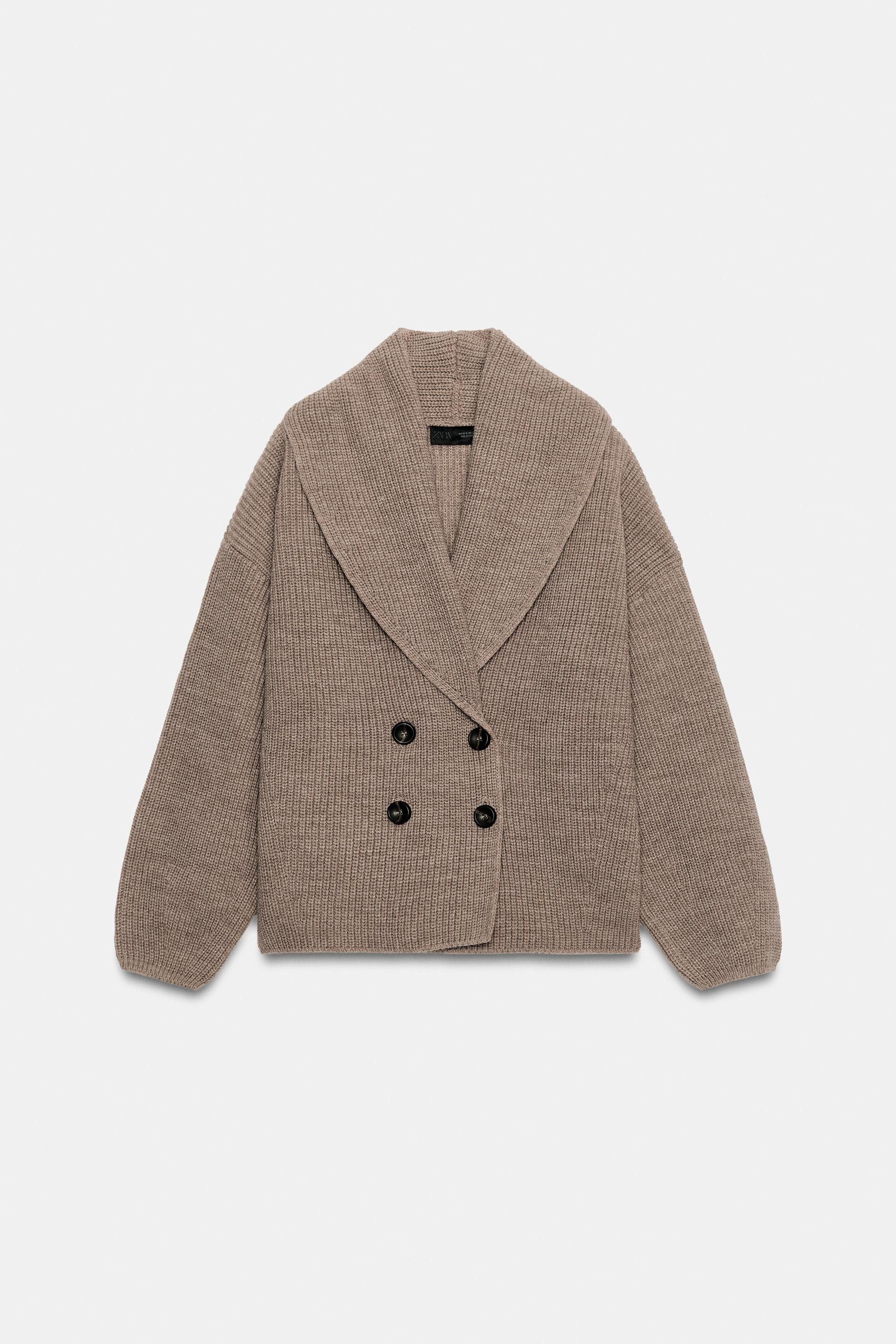 Zara - Double-Breasted Knit Jacket - Brown / Taupe - L - Woman | Zara US