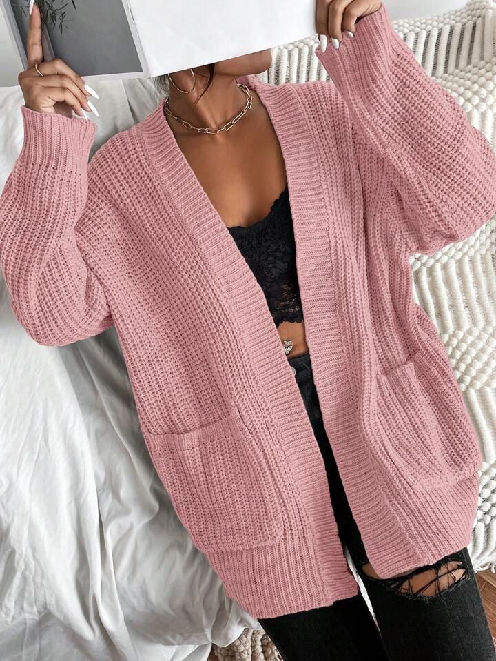 SHEIN Frenchy Dual Pockets Ribbed Knit Drop Shoulder Open Front Cardigan | SHEIN