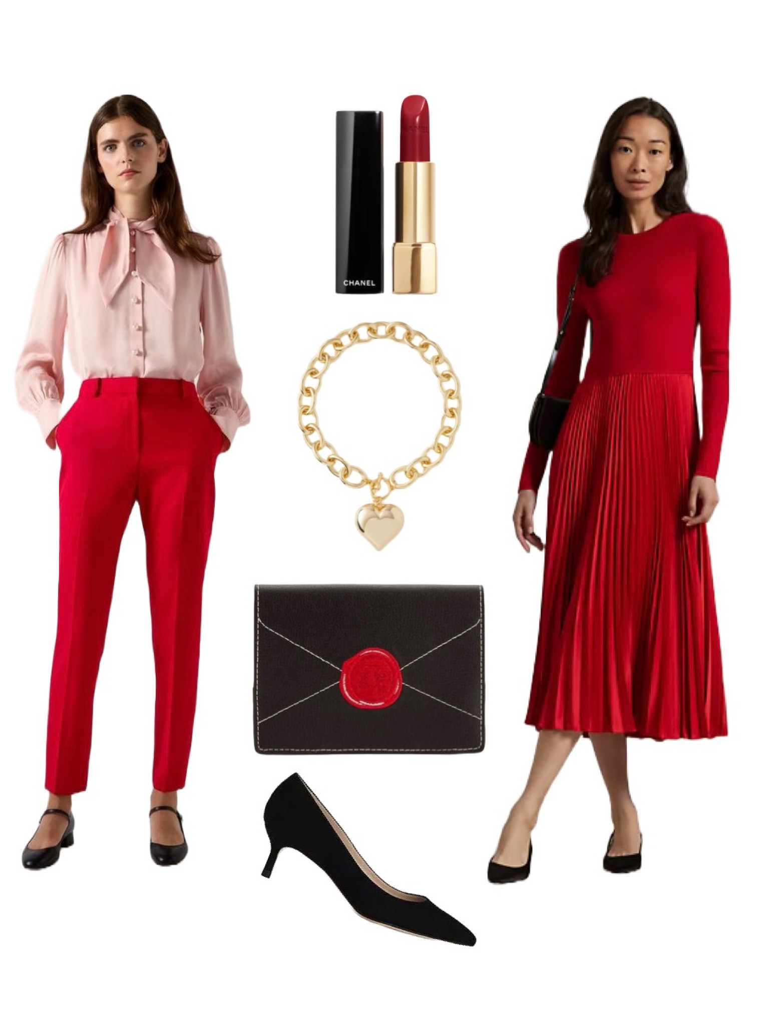 Romantic vibes only with romantic new SS25 styles to make you (and them) swoon❤️ 

Left outfit: LK Bennett London’s Hall pink tie neck blouse, Mya Red Cigarette trousers and new Beatrix Mary Janes in Black leather

Right Outfit: Ralph Lauren Red Knit Pleated Midi dress and black patent kitten heels 

Top to bottom accessories: Chanel red lipstick, Kenneth Jay from Liberty London Gold Plated Heart Pendant Necklace, Black envelope clutch bag Lulu Guinness, Audrey Black Suede Kitten Heels by LK Bennett 

#LTKuk #LTKgiftguide #LTKdatenight