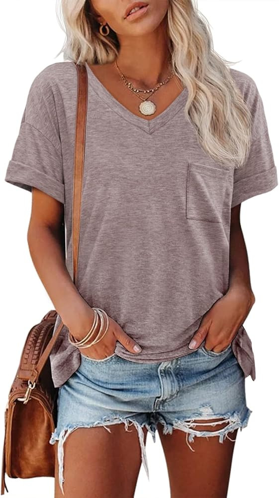 ATHMILE Womens T Shirts 2024 Short Sleeve V-Neck Shirts Cute Fit Summer Casual Tee Tops S-XXL | Amazon (US)