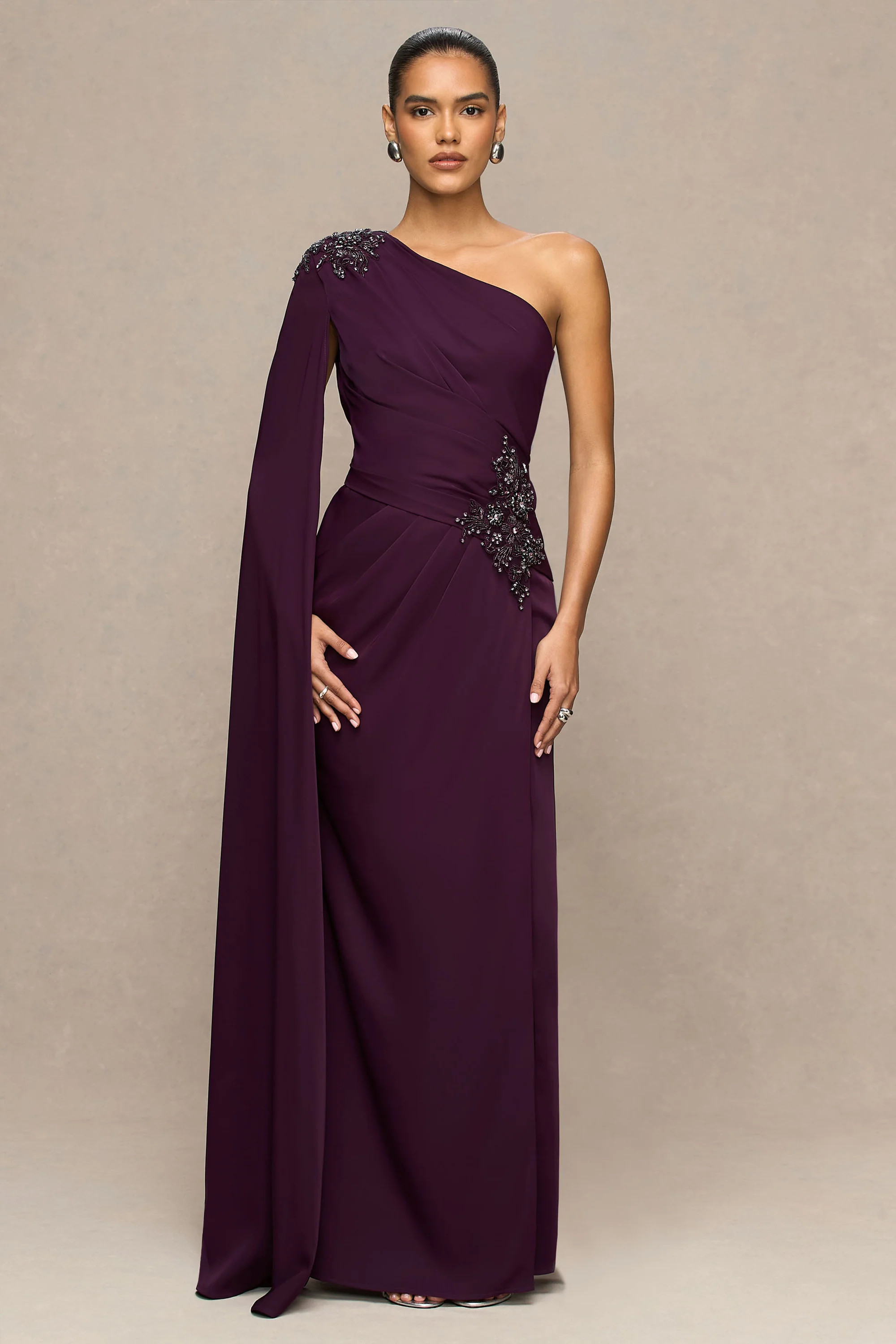 Solace | Dark Plum Asymmetric-Neck Maxi Dress With Front-High Split | Club L London