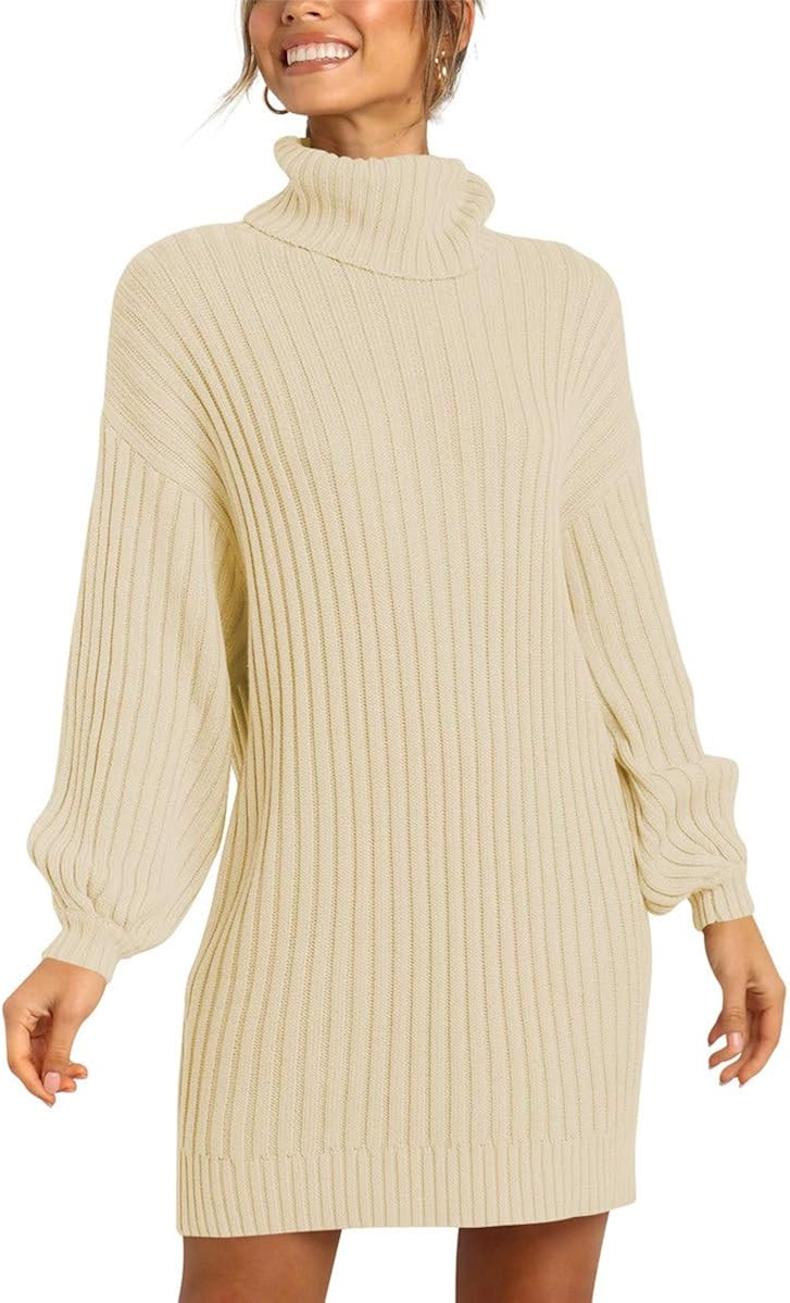 Prinbara Women Turtleneck Long Lantern Sleeve Casual Loose Oversized Sweater Dress Soft Winter Pu... | Amazon (US)