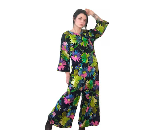 Vintage Floral Jumpsuit 70's Neon Watercolor Bells Wide Leg Flare Pants Retro Medium | Etsy (US)