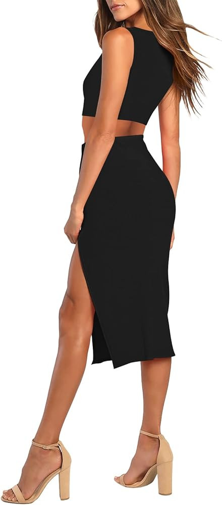Pink Queen Women's 2 Piece Crew Neck Sleeveless Ribbed Tank Top Bodycon Slit Midi Skirt Outfit Dr... | Amazon (US)