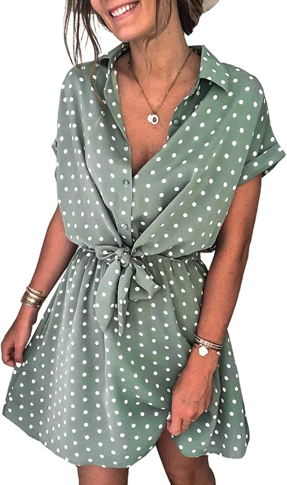 Sidefeel Womens V Neck Button Down Polka Dot Printed Short Sleeve Mini Dresses | Amazon (US)