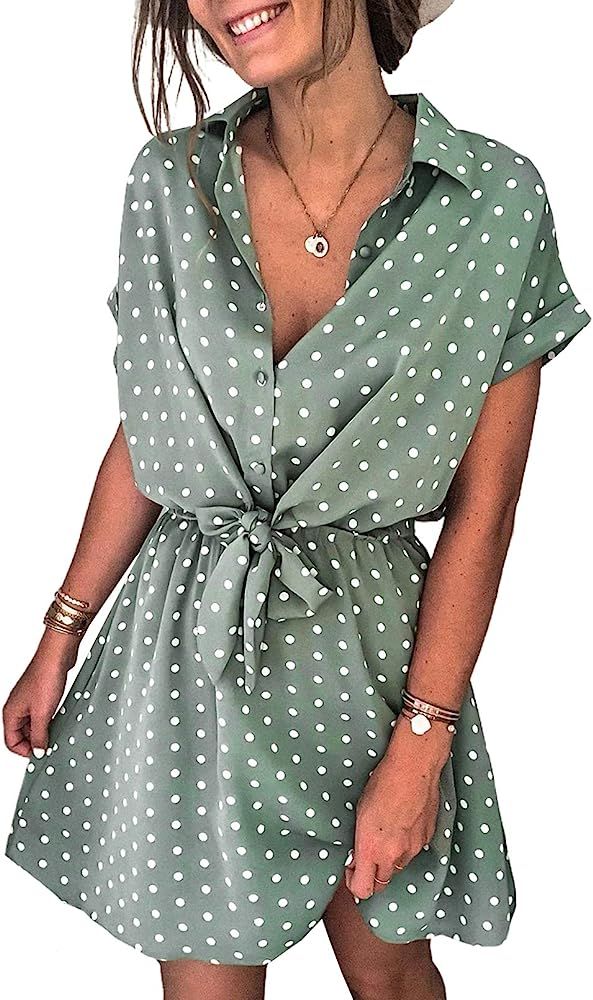 Sidefeel Womens V Neck Button Down Polka Dot Printed Short Sleeve Mini Dresses | Amazon (US)