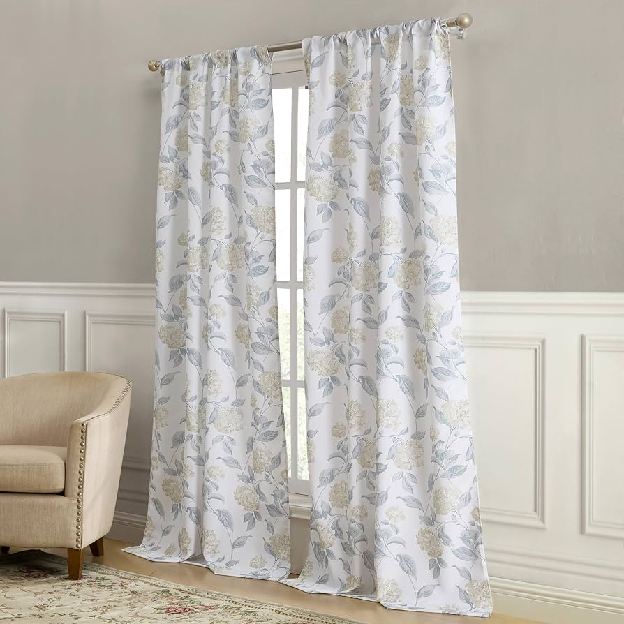 Laura Ashley Hydrangea Window Curtains with Rod Pocket, 84-inch Length, 2 Panels Set, Canvas Ligh... | Amazon (US)
