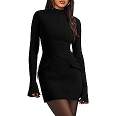 OFEEFAN Women's Fall Long Sleeve Mock Neck Dress Basic Party Club Bodycon Mini Dresses | Amazon (US)