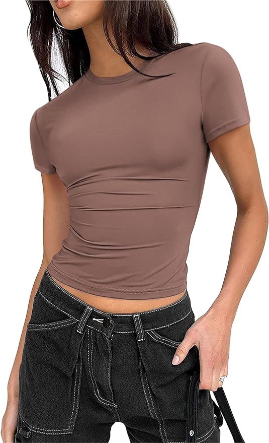 Zeagoo Women Short Sleeve Shirts Crewneck Slim Fitted Cute T Shirt Stretchy Bodycon Basic Tee Top... | Amazon (US)