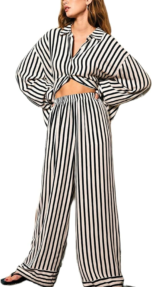 Women Cute Y2k Pajama Set Striped Printed Long Sleeve Button Down Sleepwear 2 Piece Satin Loungew... | Amazon (US)