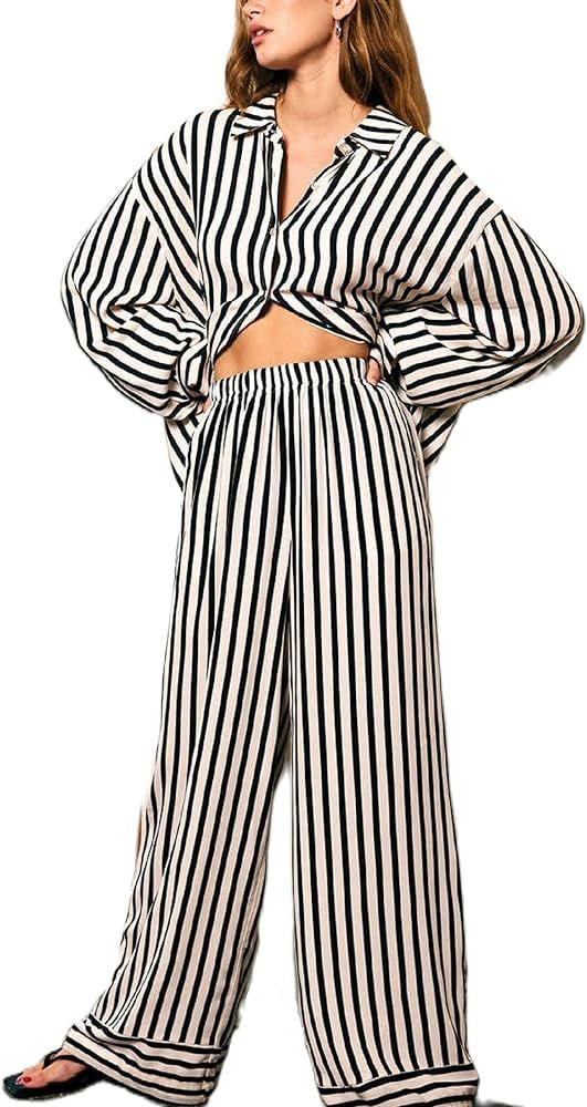 Women Cute Y2k Pajama Set Striped Printed Long Sleeve Button Down Sleepwear 2 Piece Satin Loungew... | Amazon (US)