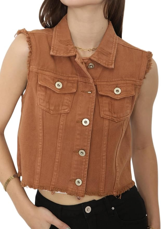 Anna-Kaci Womens Distressed Denim Button Up Sleeveless Crop Vest | Amazon (US)