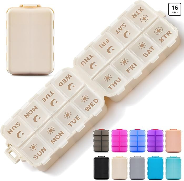 Foldable & Portable Pill Organizer 2 Times A Day with Extra Compartments - Etched Labels - Weekly... | Amazon (US)