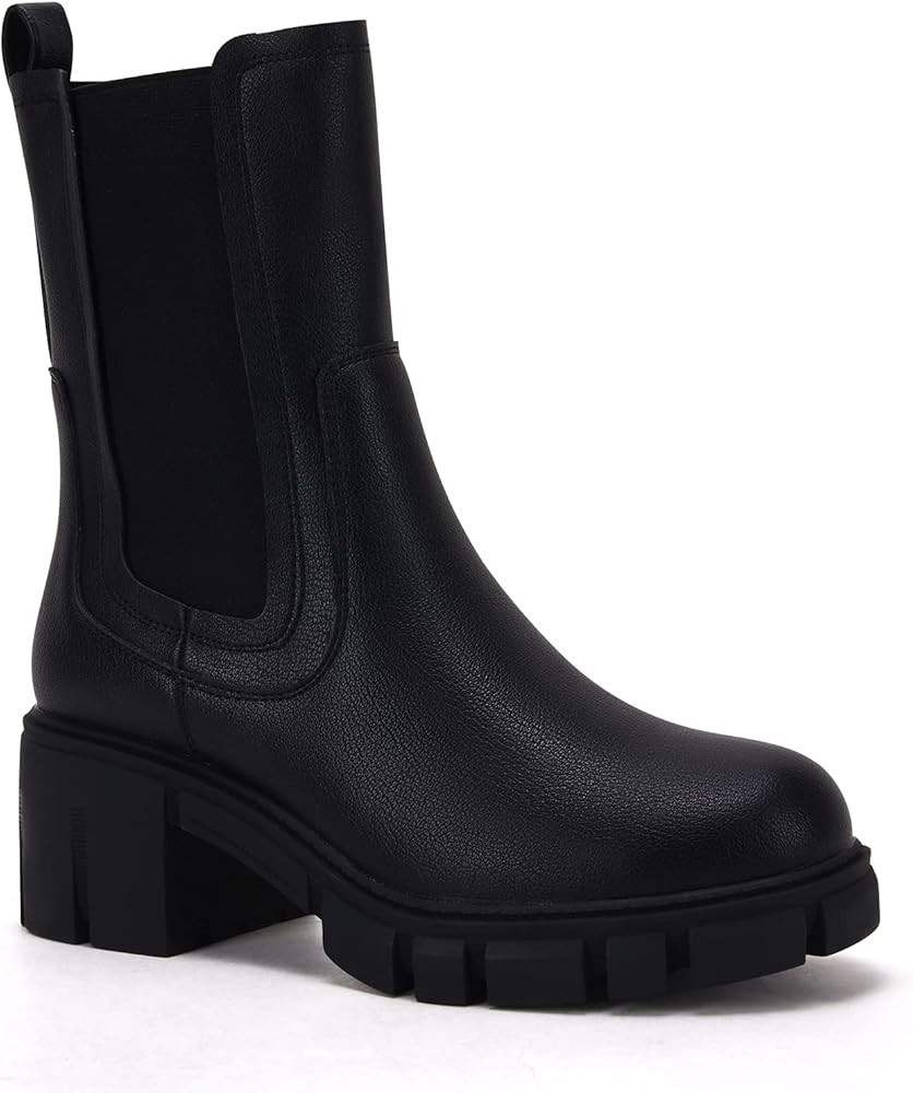 TINSTREE Women's Lug Sole Platform Boots Mid Calf Elastic Chunky Block Heel Leather Chelsea Booti... | Amazon (US)