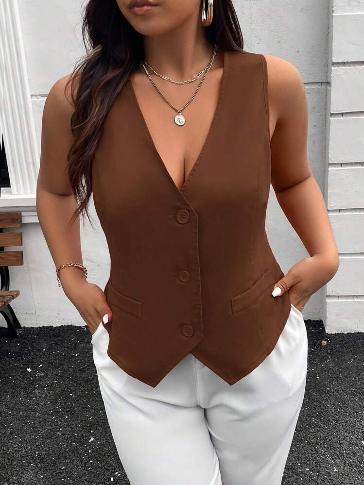 SHEIN Privé Plus Size Elegant Commuter High Street Mesh High-End Venue Vest Suit, Worn Alone Or As Outerwear, Rose Red Women Waistcoat Business Casual Vest Women Vest Brown Vest Brown Top Women In Fall/Winter | SHEIN