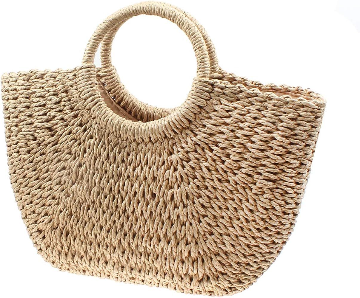 Women's Straw Bag, Natural Chic Hand-Woven Large Bag Round Handle Ring Handbag Summer Beach Trave... | Amazon (US)