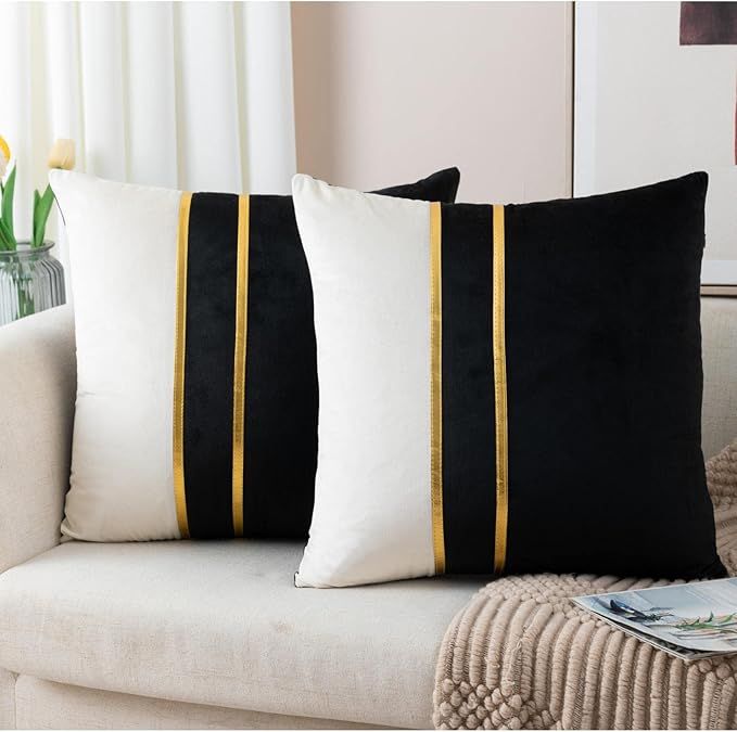 ZLINA Set of 2 Velvet Decorative Throw Pillow Covers Black White Patchwork with Gold Leather Pill... | Amazon (US)