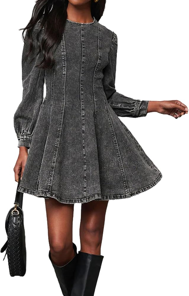 Conshvi Denim Shirt Dress for Women Long Sleeve Crewneck Denim Dress Cute Patchwork A Line Mini S... | Amazon (US)