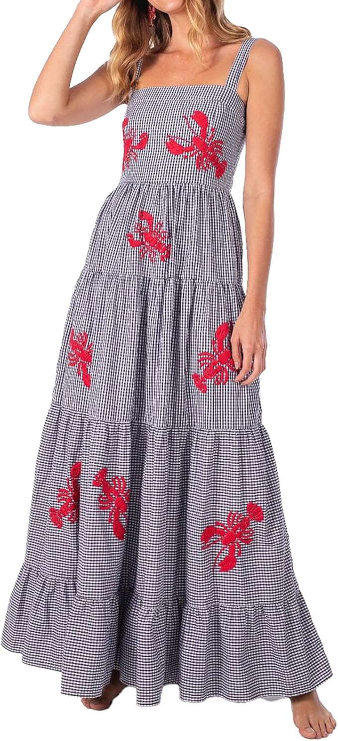Women Embroidered Maxi Dress Sleeveless Smocked Flowy Sundress Boho Summer Long Dresses Beach Voc... | Amazon (US)