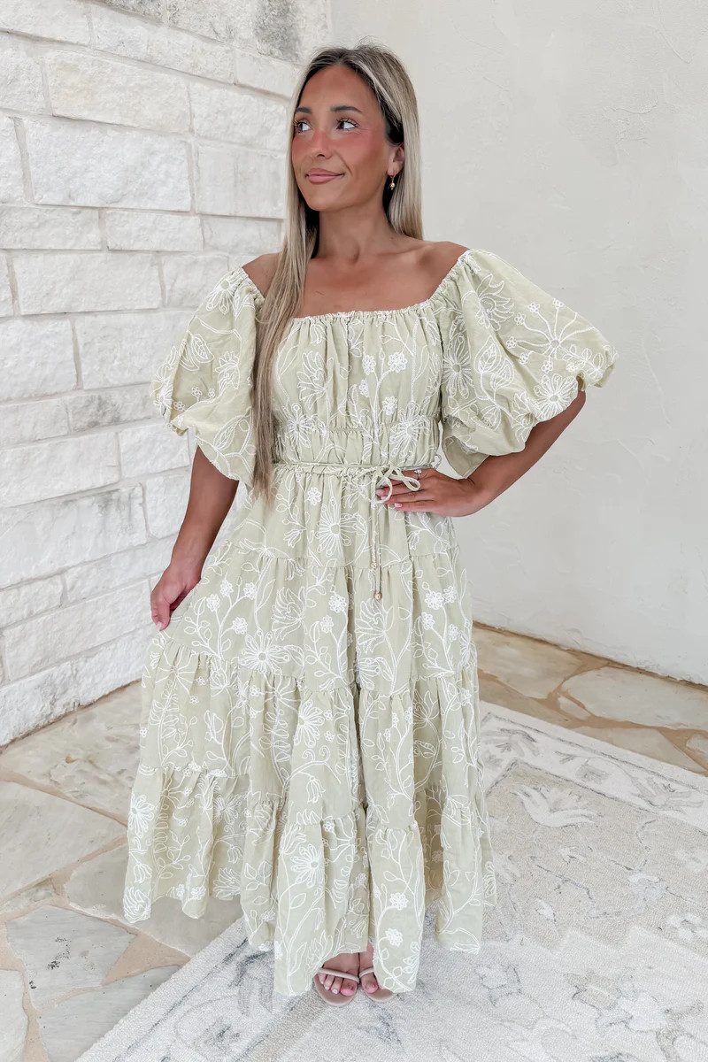 Only A Dream Jacquard Floral Puff Sleeve Midi Dress - Lt. Sage | CK Squared Boutique