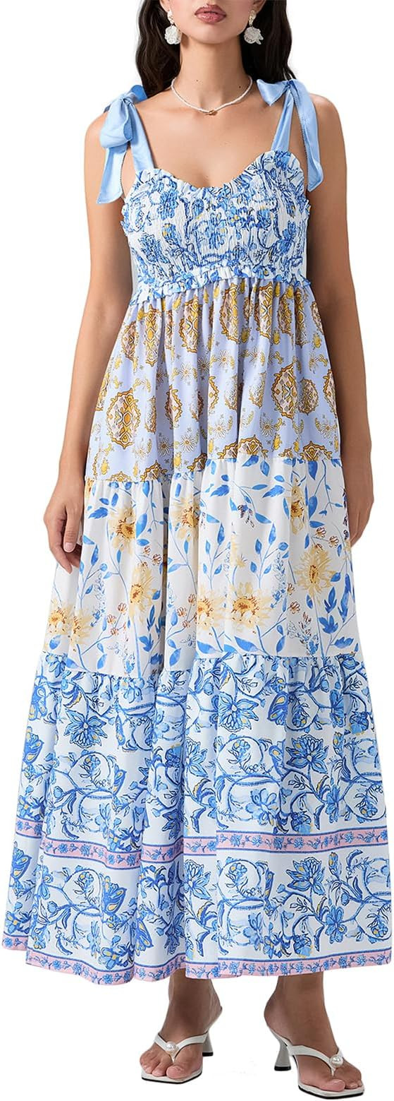 Women Summer Y2k Floral Maxi Dress Tie Shoulder Smocked Long Dress Tiered Flowy Swing A Line Beac... | Amazon (US)