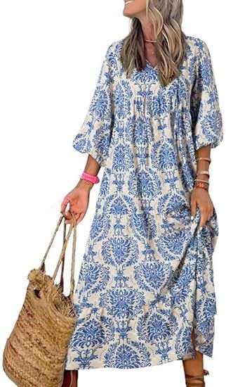 Dokotoo Women Boho Maxi Dresses 2024 V Neck Long Puff Sleeve Smocked Ruffle Flowy Casual Dress | Amazon (US)