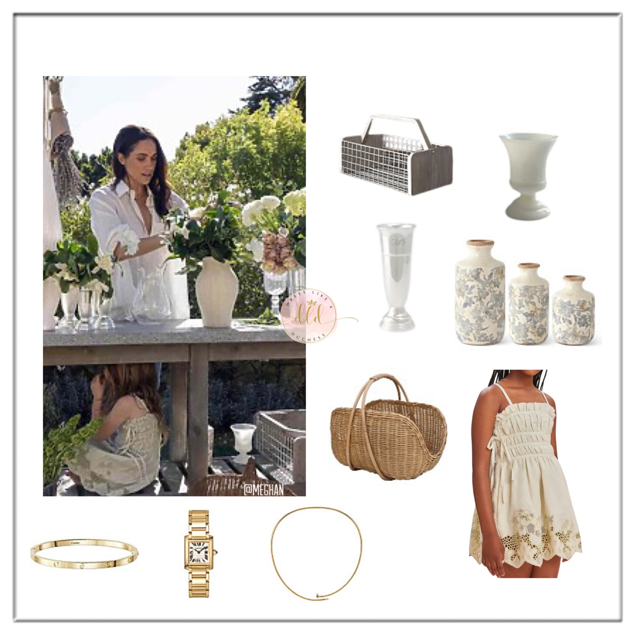 3/18/26 Meghan celebrating the launch of her new floral collab 💐with High Camp Supply — pictured Napco milk glass vase, Ashland Natural Gathering Basket, Mark & Graham celebration vases in silver, Williams Sonoma gardening basket, white and gray floral ceramic vases, Cult Gaia Lola dress (seen on Princess Lilibet) 