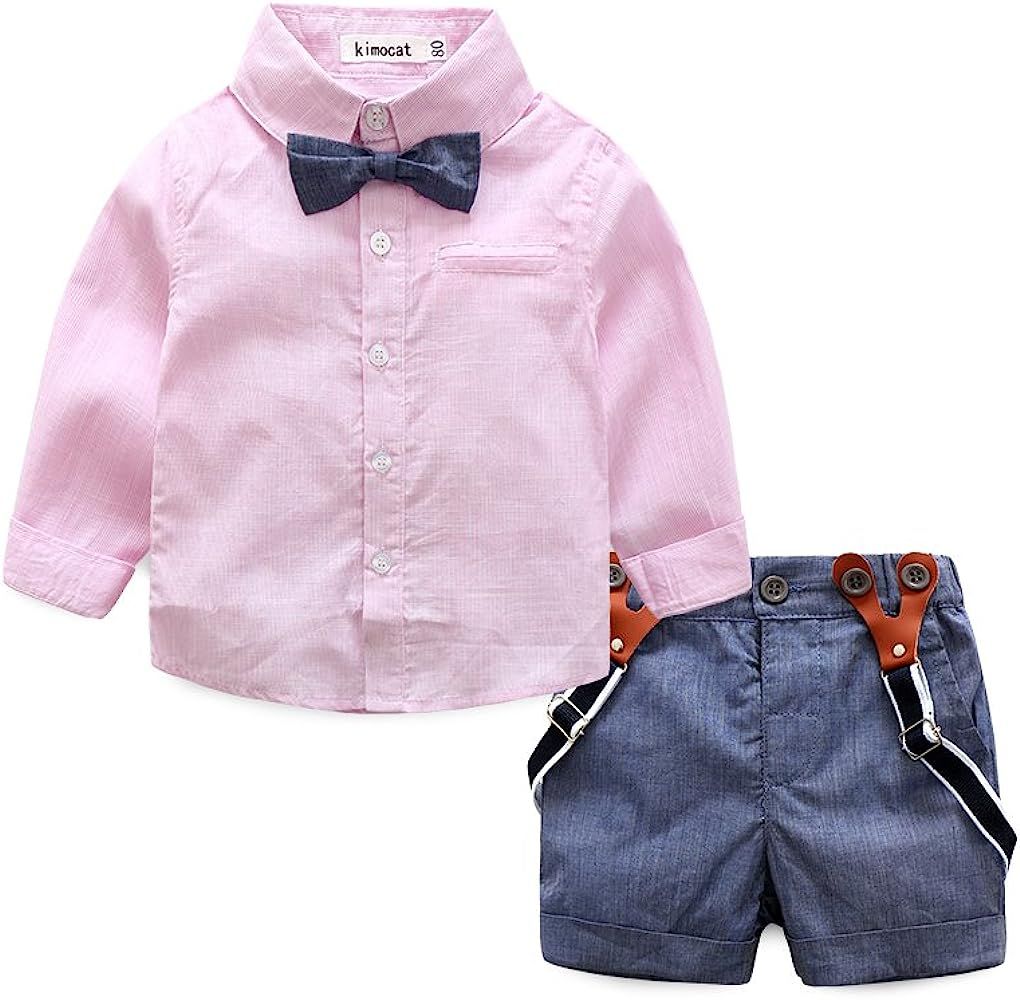 Baby Boy Shirt and Tie Sets Long Sleeve Woven Top+ Bowknot+ Shorts with Suspender Straps Outfits | Amazon (US)