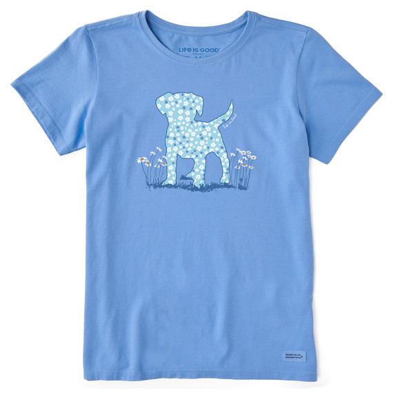 Life is Good Women's Patterna Daisy Dog Crusher Short Sleeve T-Shirt in Cornflower Blue Size XL | 100% Cotton | Life is Good