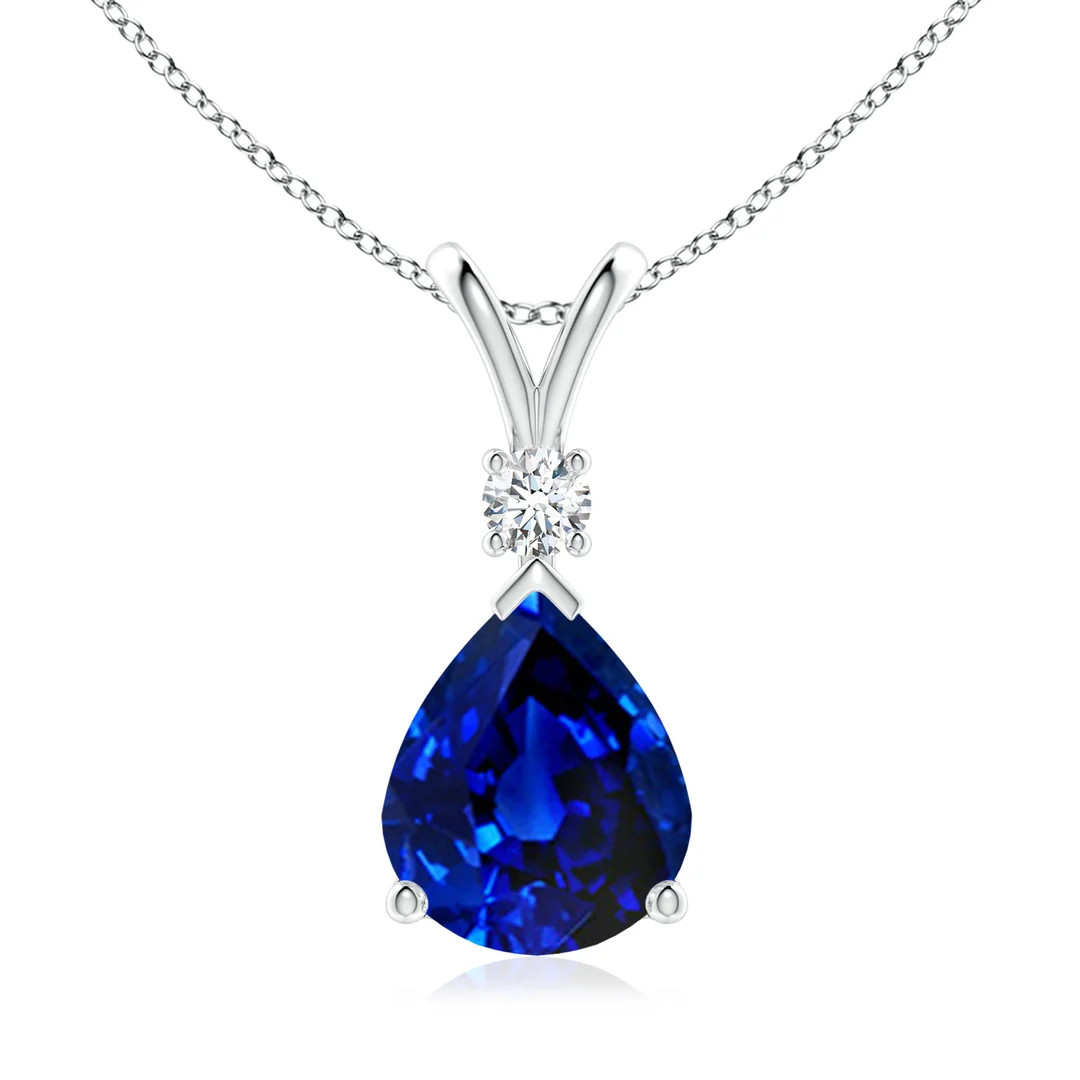 Prong-Set Lab-Grown Blue Sapphire Teardrop V-Bale Pendant with Diamond | Angara Inc.