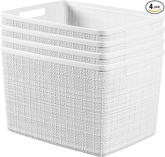 Curver Set of 4 Jute Large Decorative Plastic Organization and Storage Baskets Perfect Bins for H... | Amazon (US)