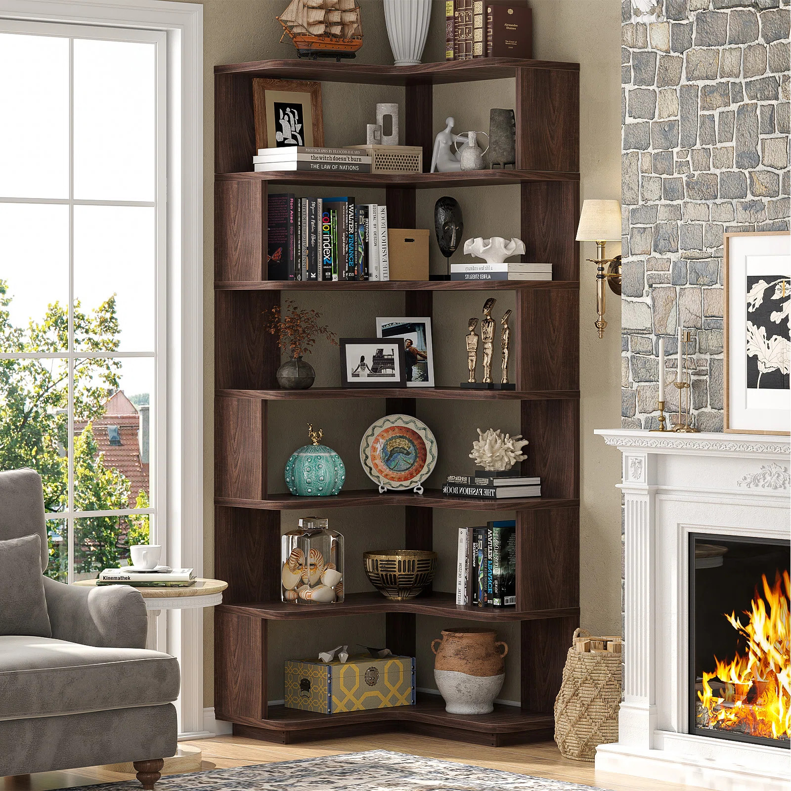 5 Tier Corner Bookshelf Etagere Bookcase With Baffle, Freestanding L Shaped Display Shelf Stand F... | Wayfair North America