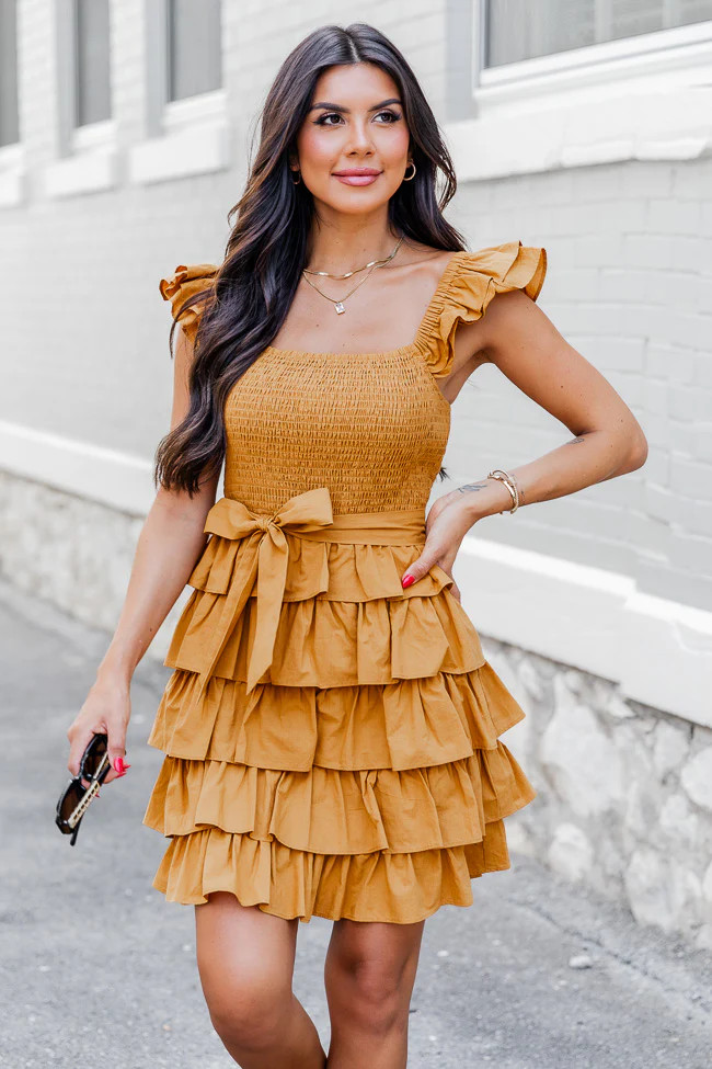Still Have Time Mustard Tiered Ruffle Belted Mini Dress | Pink Lily