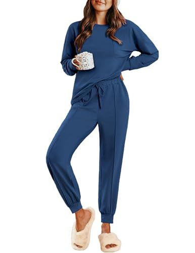 Ekouaer Lounge Sets for Women 2 Piece Jogger Pajama Long Sleeve Pants Loungewear Sweatsuits Casual Matching Outfits Blue L | Amazon (US)