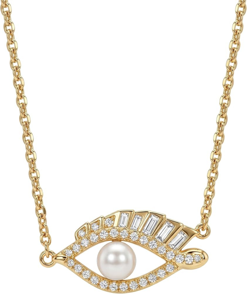 MEVECCO Gold Necklace for Women 18k Gold Plated Pearl Evil Eye Charm Choker Pendant Necklace Hand... | Amazon (US)
